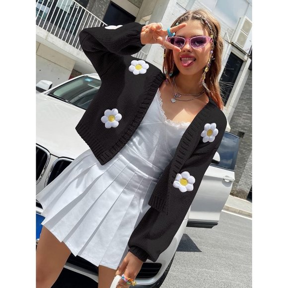 Womens Long Sleeve Open Front Flower Knit Cardigan Aesthetic Shrug Outfits - Picture 4 of 6